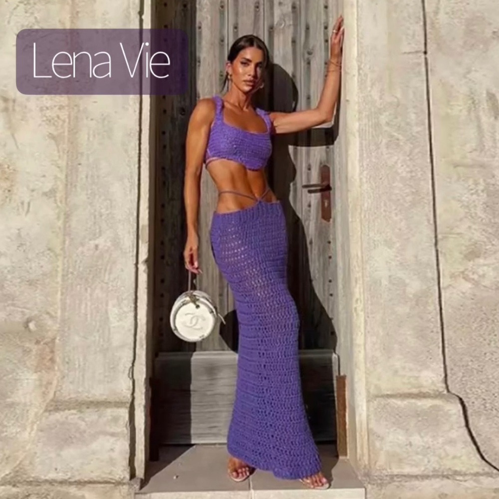 Cosmo Knitted Maxi Skirt+Top Beachwear Set, Summer Skirt Set In Purple